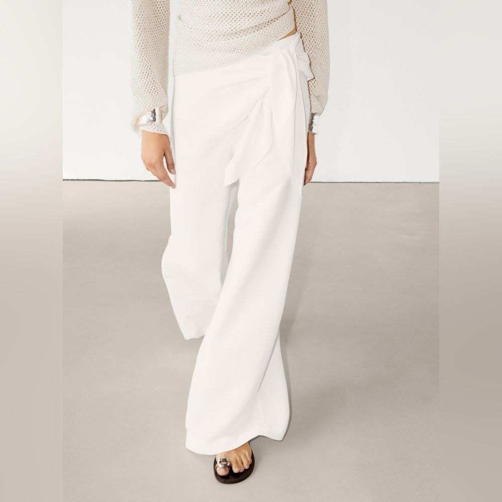 NWT Massimo Dutti‎ White Linen Blend Wide Leg Trousers Tie Detail Size 10 Casual